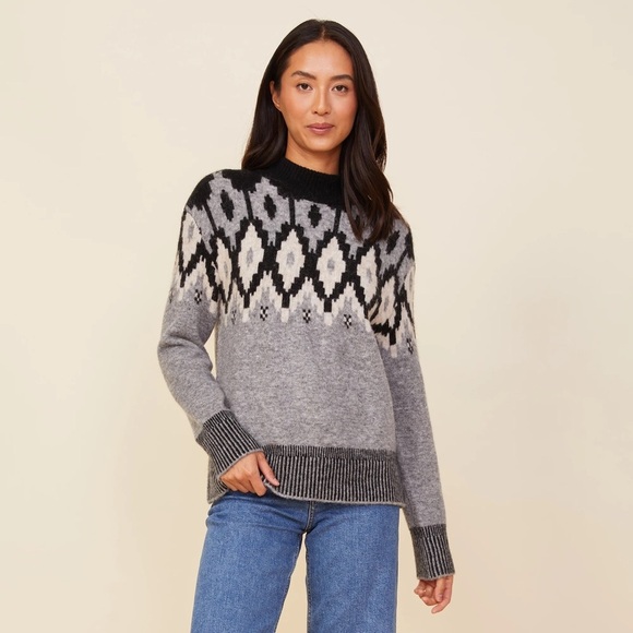 MONROW Mock Neck Fair Isle Sweater In Heather Grey XS - Picture 1 of 6